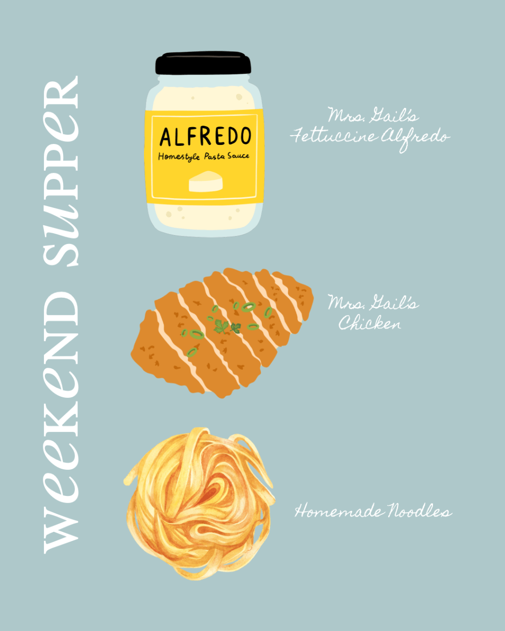 The Jeanie Jo & Joanna Project Recipes 85 – 87 of 457: Mrs. Gail’s Chicken, Fettuccine Alfredo & Homemade&nbsp;Noodles